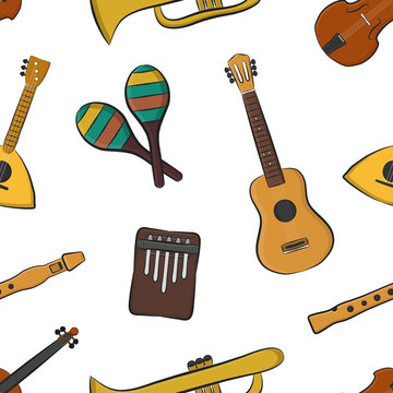 Vector cartoon seamless pattern with musical instruments for gift wrapping paper, covering and branding on the white background. Concept of music.