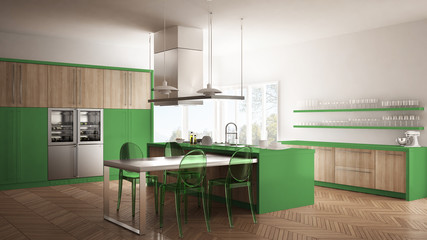 Minimalistic modern kitchen with table, chairs and parquet floor, white and green interior design