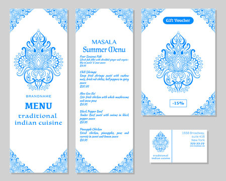 Indian Food. Restaurant menu template. Food flyer. Business card. Vector.