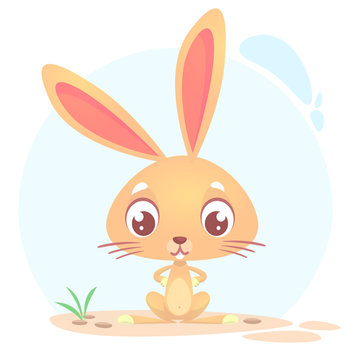 Cute cartoon rabbit. Farm animals. Vector illustration of a bunny sitting isolated on simple background.