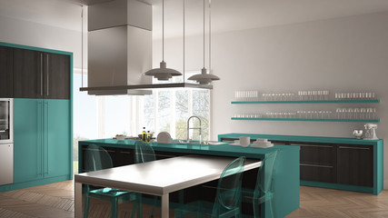 Minimalistic modern kitchen with table, chairs and parquet floor, gray and turquoise interior design