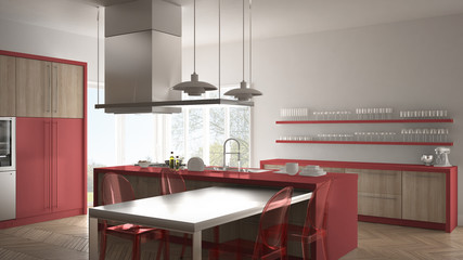 Minimalistic modern kitchen with table, chairs and parquet floor, white and red interior design