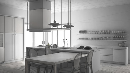 Unfinished project of minimalistic modern kitchen with table, chairs and parquet floor, sketch abstract interior design