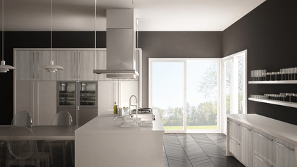 Fototapeta na wymiar Minimalistic modern kitchen with table, chairs and parquet floor, white and gray interior design