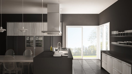 Minimalistic modern kitchen with table, chairs and parquet floor, white and gray interior design