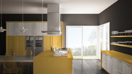 Minimalistic modern kitchen with table, chairs and parquet floor, gray and yellow interior design