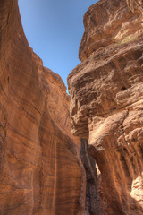 Looking up when walking through the Siq on the trail to Petra