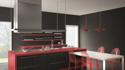 Minimalistic modern kitchen with table, chairs and parquet floor, gray and red interior design