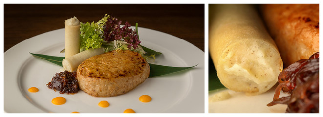 Meat medalion with vegetables. Close up