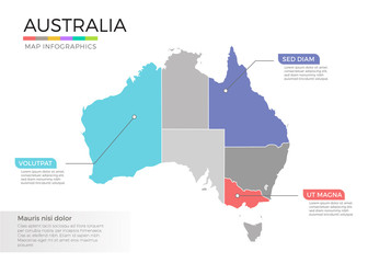 Australia map infographics vector template with regions and pointer marks