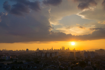 View of majestic sunset over downtown Kuala Lumpur, Malaysia