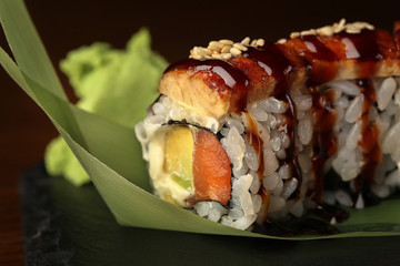 Sushi on black background. Close up