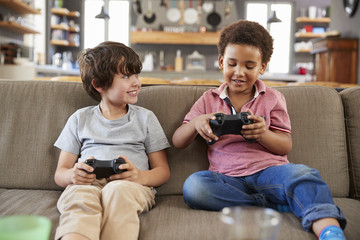 Two Boys Sitting On Sofa In Lounge Playing Video Game Together