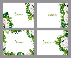 Set of four Holiday banners with green tropical palm, monstera leaves and magnolia blooming flowers on the white background. Four composition with one style elements on the summer poster.