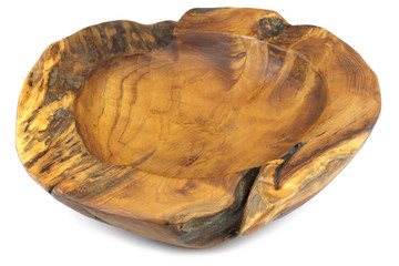 Decorative hand carved natural teak bowl isolated on white background.