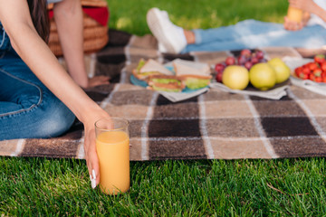 Cropped shot of person holding glass with fresh juice while sitting on plaid at picnic
