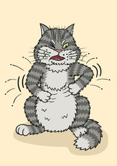 Gray tabby cat scratching with claws.