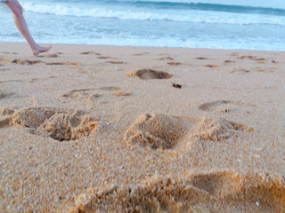 Closeup on human feet walking on sandy beach natural outdoors background. Having fun playing relaxing over ocean coast sunset