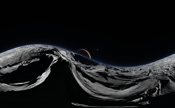 Panorama of Phobos with the red planet Mars in the background, environment HDRI map. Equirectangular projection, spherical panorama. 3d rendering