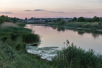 Sunset Mertvovid riverbank in Voznesensk, Ukraine.