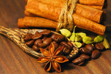 Different spices and roasted coffee beans shooted in macro