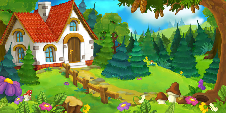 cartoon scene of an old house in the forest and big castle in the background