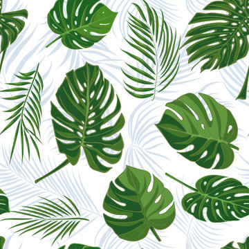 Seamless hand drawn tropical pattern with palm leaves in blue color, jungle exotic leaf on white background © zzayko