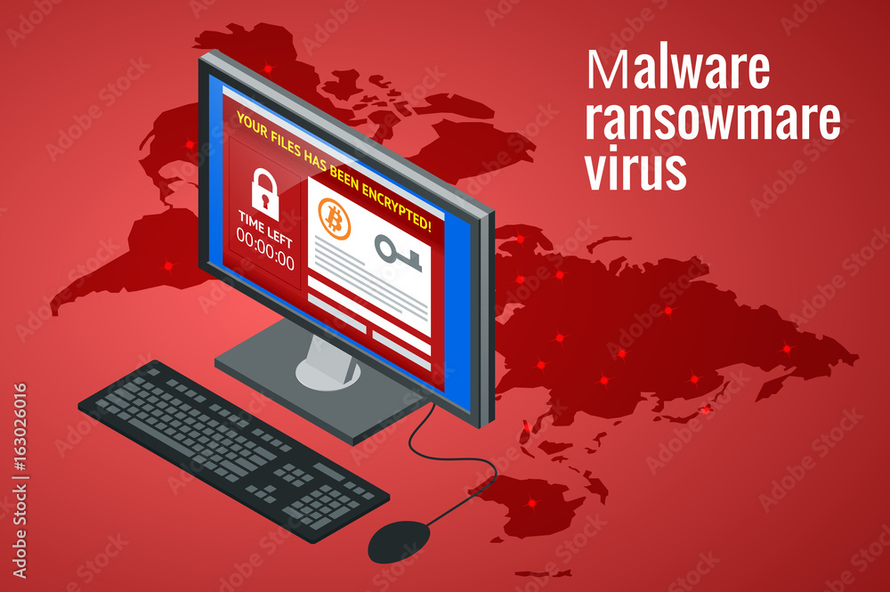 Poster ransomware, malicious software that blocks access to the victims data. hacker attacks network. isome