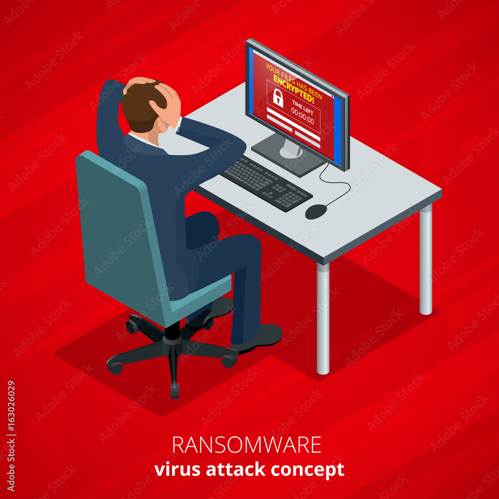 Poster ransomware, malicious software that blocks access to the victims data. hacker attacks network. isome