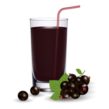 Set Of Blackcurrant Juice And Fresh Ripe Berries Isolated On A White Background.