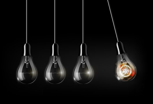 Glowing abstract futuristic light bulb technology among turned off light bulbs on dark background, perpetual Motion concept, an analogy with Newton's cradle, vector illustration