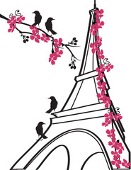 tree with birds and eiffel tower