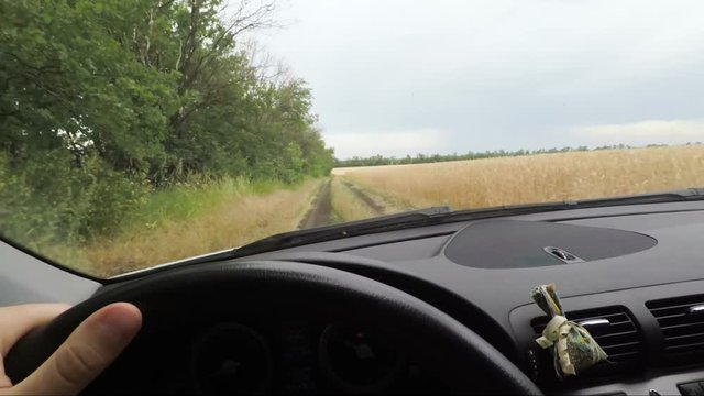 Car rides along country road between fields, view from inside car