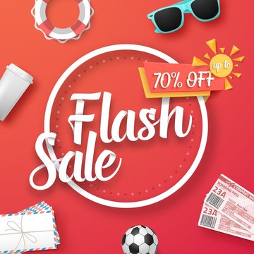 Illustration of Flash Sale Vector Poster. Bright Sale Flyer Template with Travel Icons