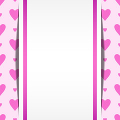 Template for a poster with a rectangular zone for text on a pink background with hearts. Valentines day pattern for congratulation or packing. Wedding background.