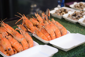 Seafood : prawn on grill in Foam polystyrene tray box