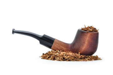 Smoking pipe and tobacco isolated on white background