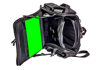 Sapper's shoulder bag with a modular system to carry full military equipment, black, isolated - view inside