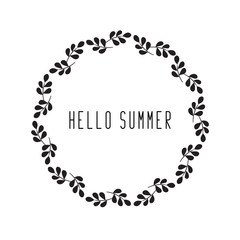 Round floral rustic frame, simple hello summer floral wreaths on white background
