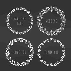 Set of wedding floral wreaths, rustic simple wreaths on dark background