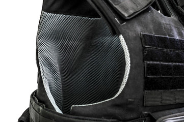 A bulletproof vest made from high-tech fabric with quick connection system, close up, isolated