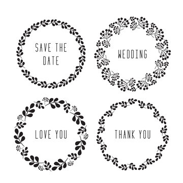 Round floral rustic frame, simple  save the date floral wreaths on white background