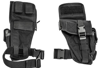 A tactical holster made from high-tech fabric with quick connection system, close up, isolated