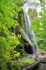 Waterfall with a cave among a green garden