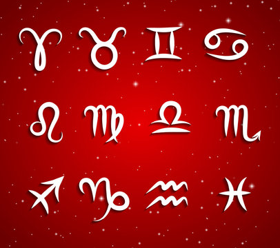 Set of hand drawing zodiac symbols, white icons with shadow on the background of red starry sky