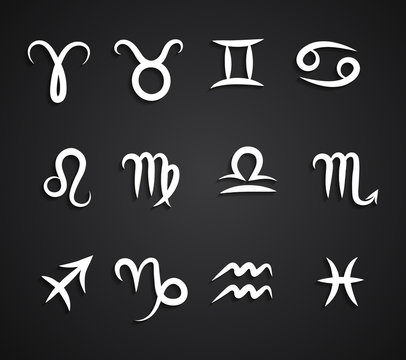 Set of hand drawing zodiac symbols, white icons with shadow on the black background