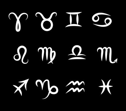 Set of flat hand drawing zodiac symbols, white on the black background