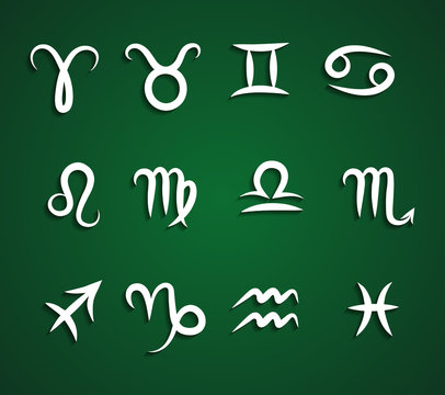 Set of hand drawing zodiac symbols, white icons with shadow on the green background