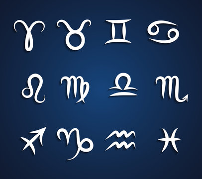 Set of hand drawing zodiac symbols, white icons with shadow on the dark blue background