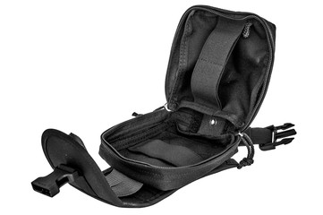 Carrying weapons case: military tactical cartridge pouch made from high-tech fabric with quick connection system, close up, isolated